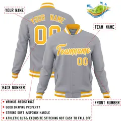 Gray Gold-White Classic Varsity Full-Snap Letterman Jacket 4
