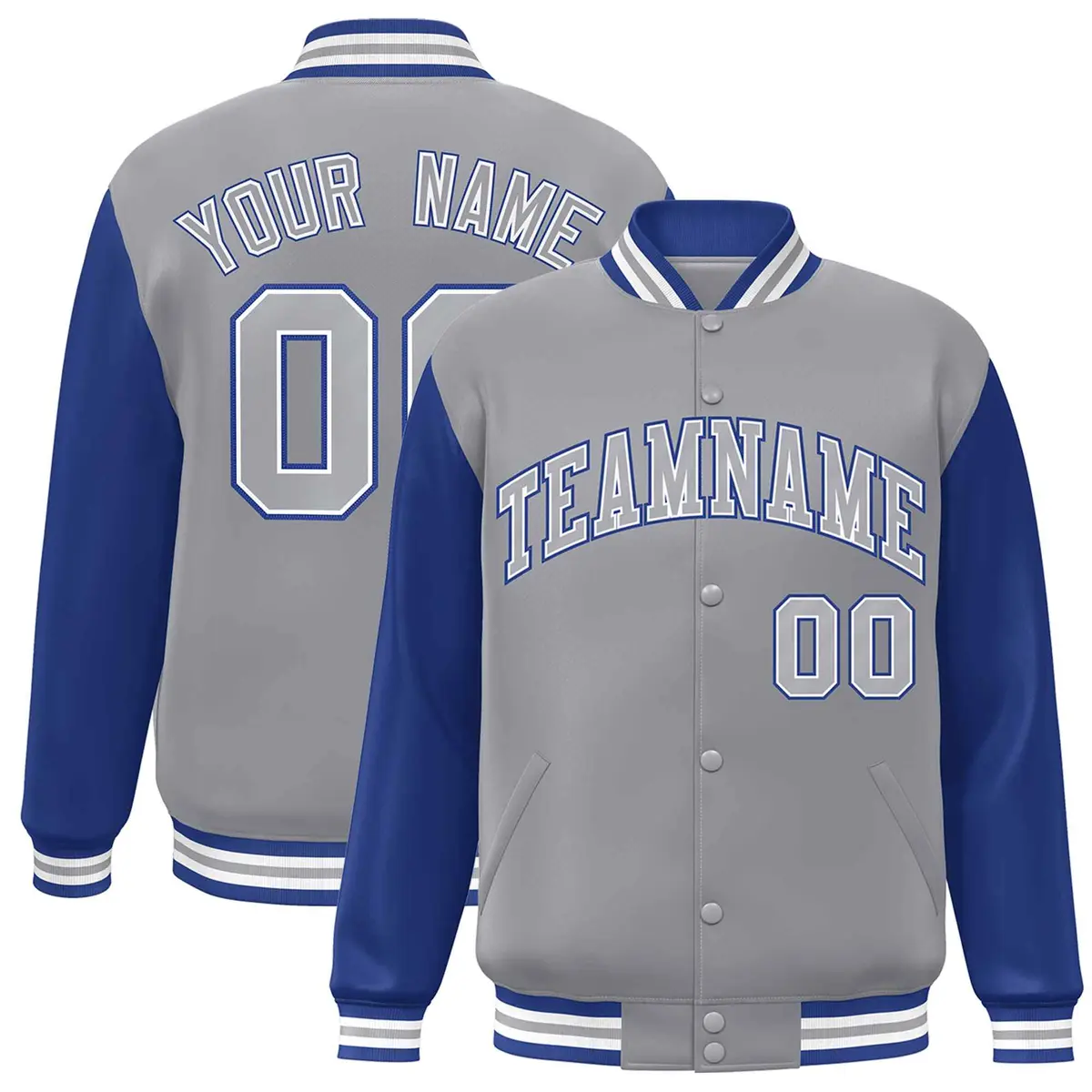 Gray Gray-White Raglan Sleeves Varsity Full-Snap Letterman Jacket