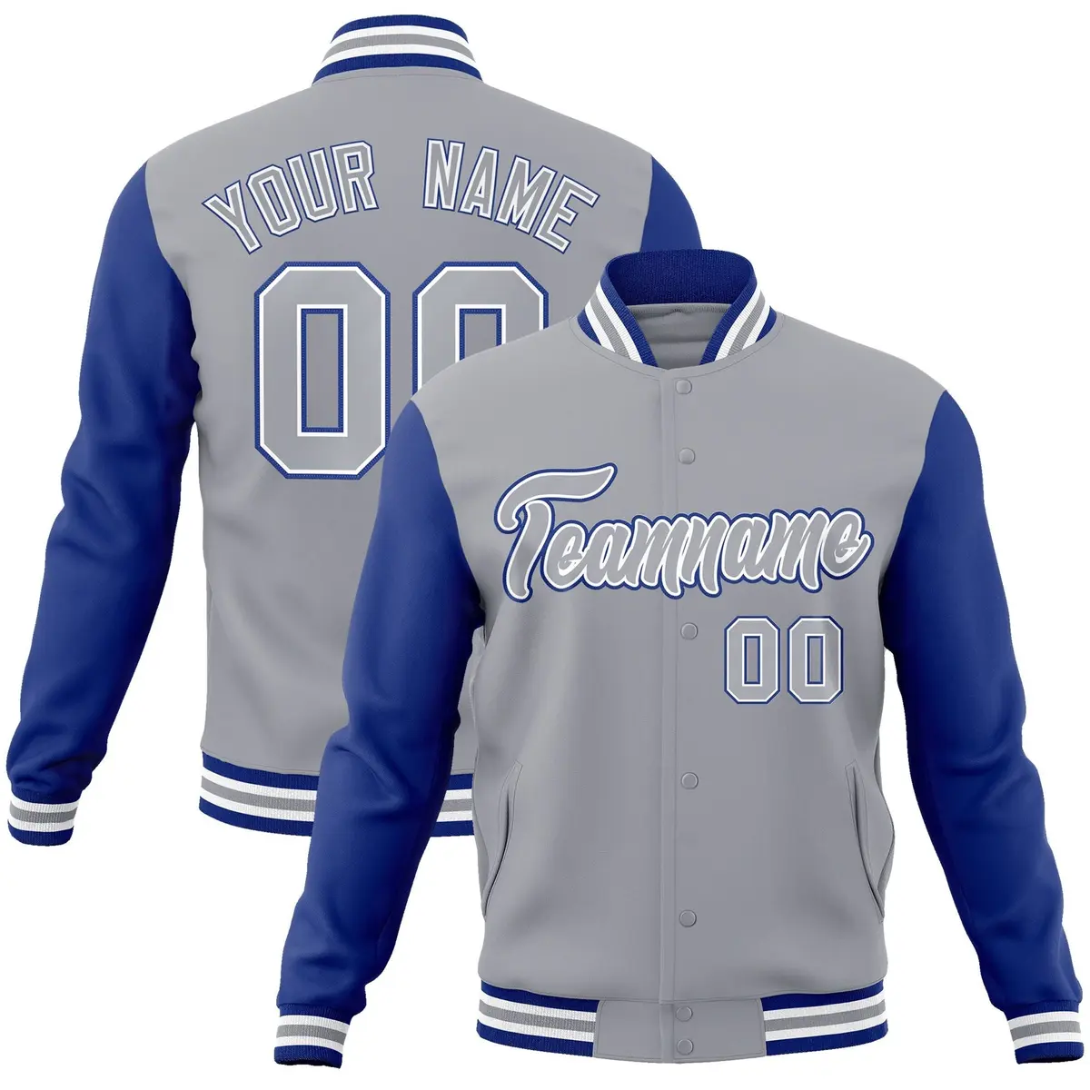 Gray Gray-White Raglan Sleeves Varsity Full-Snap Letterman Jacket