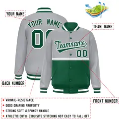 Gray Green Color Block Varsity Full-Snap Letterman Jacket 2