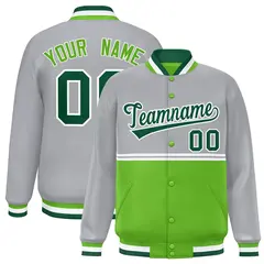 Gray Green Color Block Varsity Full-Snap Letterman Jacket