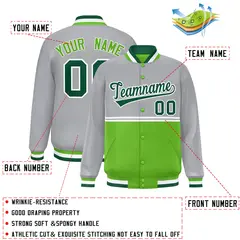Gray Green Color Block Varsity Full-Snap Letterman Jacket 2