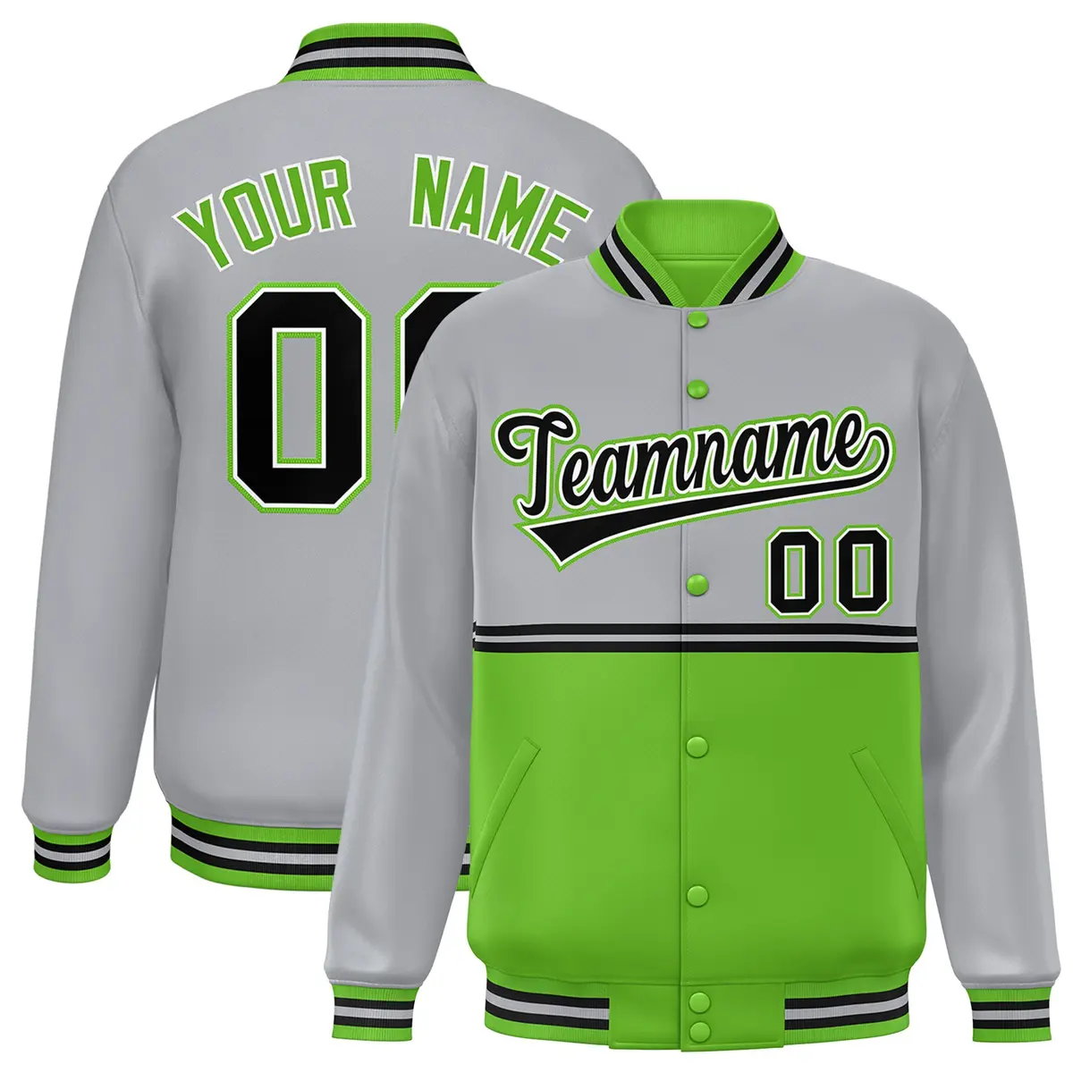 Gray Green Color Block Varsity Full-Snap Letterman Jacket