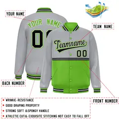 Gray Green Color Block Varsity Full-Snap Letterman Jacket 2