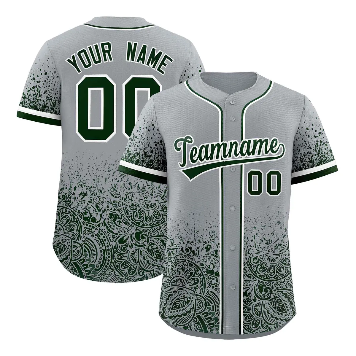 Gray Green Floral Gradient Full Button Baseball Jersey