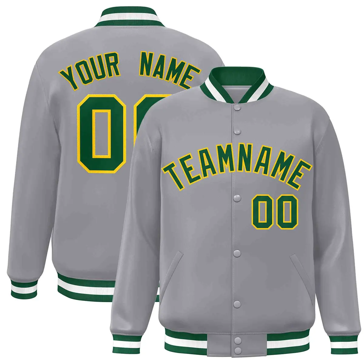 Gray Green-Gold Classic Varsity Full-Snap Letterman Jacket