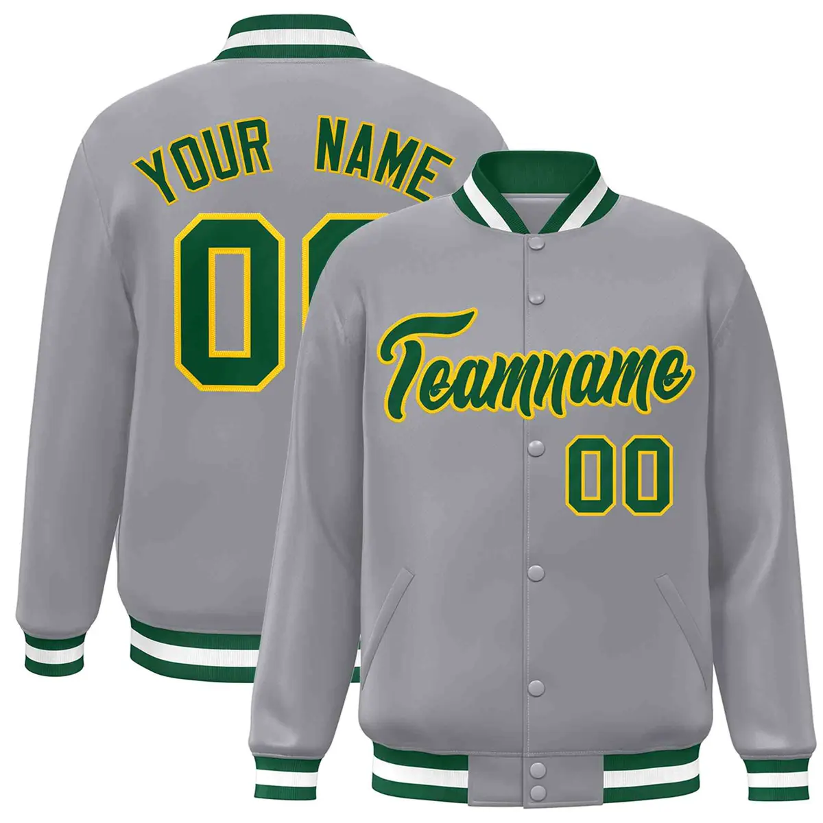 Gray Green-Gold Classic Varsity Full-Snap Letterman Jacket