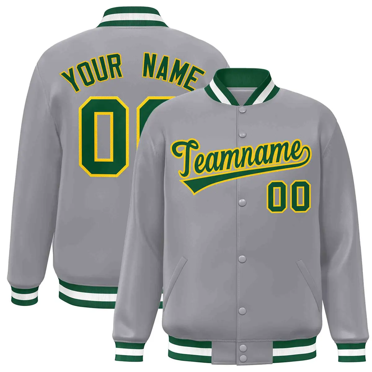Gray Green-Gold Classic Varsity Full-Snap Letterman Jacket