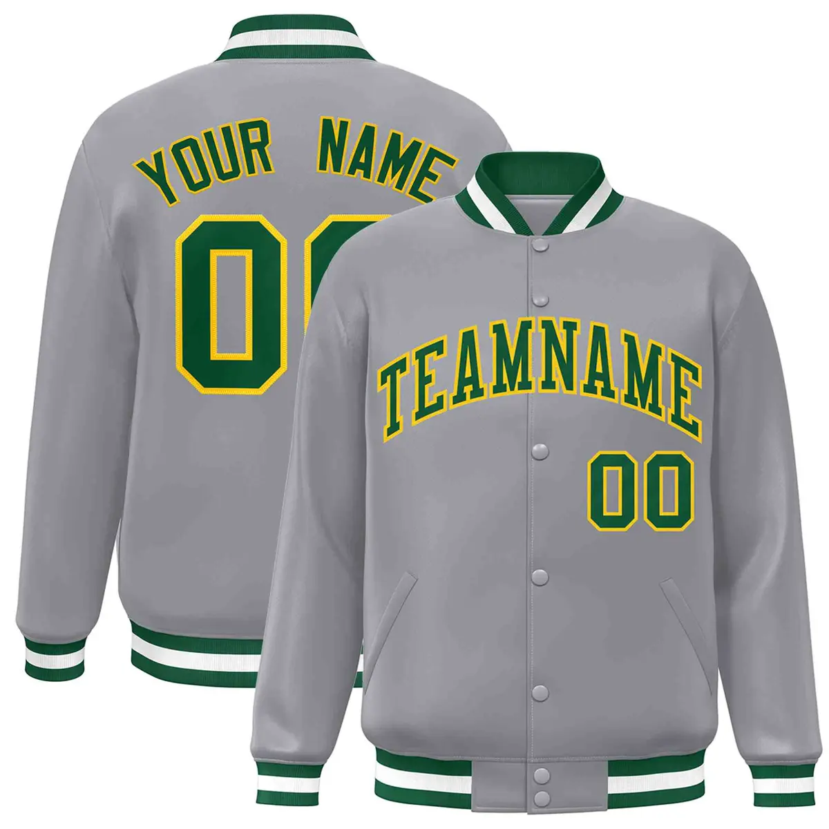 Gray Green-Gold Classic Varsity Full-Snap Letterman Jacket