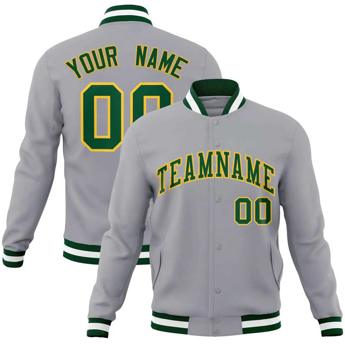 Gray Green-Gold Classic Varsity Full-Snap Letterman Jacket