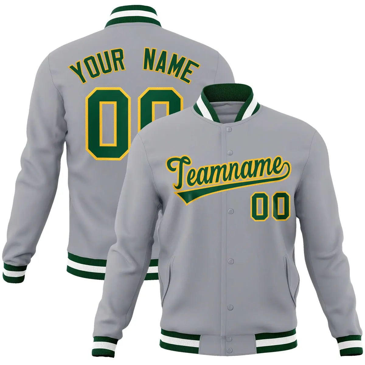 Gray Green-Gold Classic Varsity Full-Snap Letterman Jacket