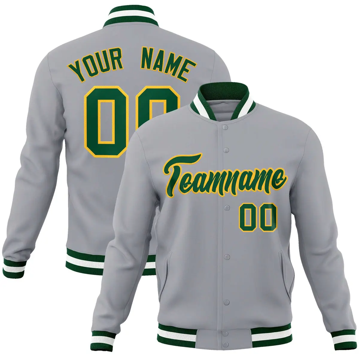 Gray Green-Gold Classic Varsity Full-Snap Letterman Jacket