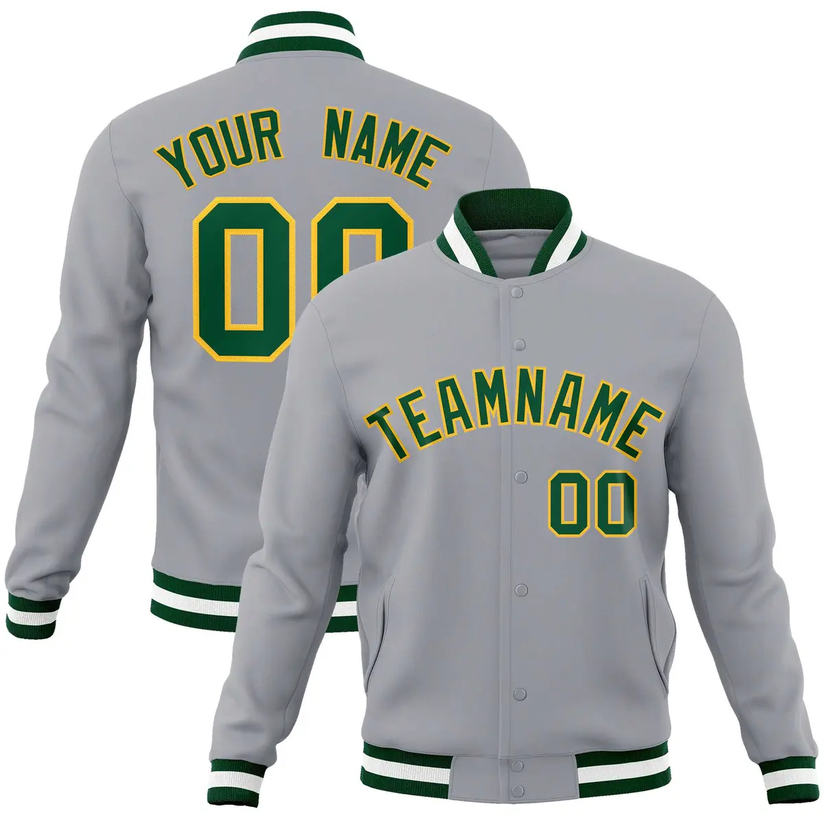 Gray Green-Gold Classic Varsity Full-Snap Letterman Jacket