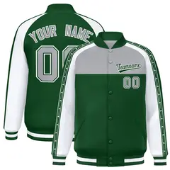 Gray Green K-Ribbon Raglan Full-Snap Color Block Letterman Jacket 1