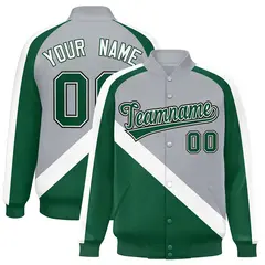 Gray Green Raglan Sleeves Full-Snap Letterman Baseball Jacket