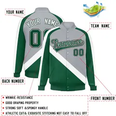 Gray Green Raglan Sleeves Full-Snap Letterman Baseball Jacket 2