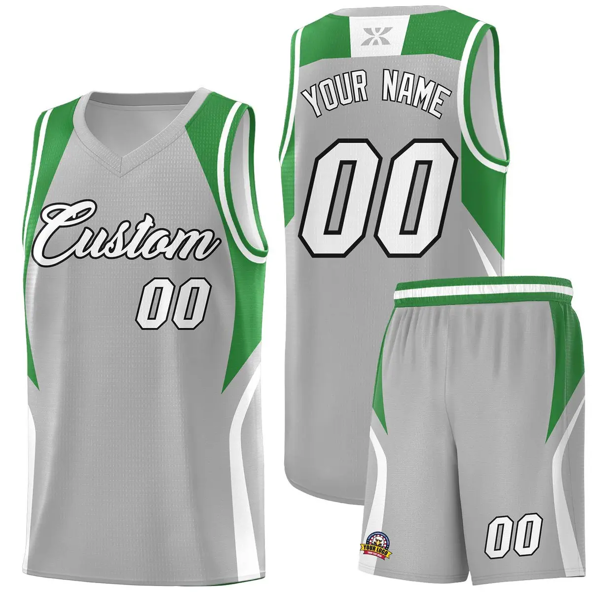 Gray Green White Color Block Basketball Jersey