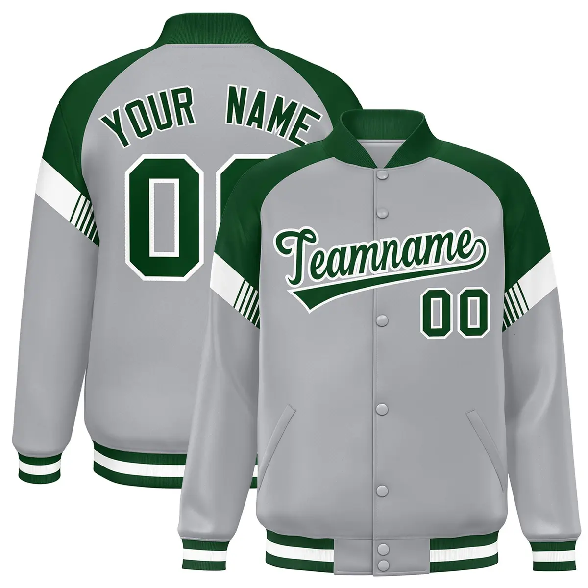 Gray Green-White Color Block Varsity Letterman Jacket