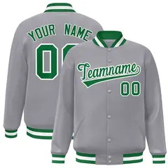 Gray Green-White Full-Snap Varsity Letterman Jacket 1