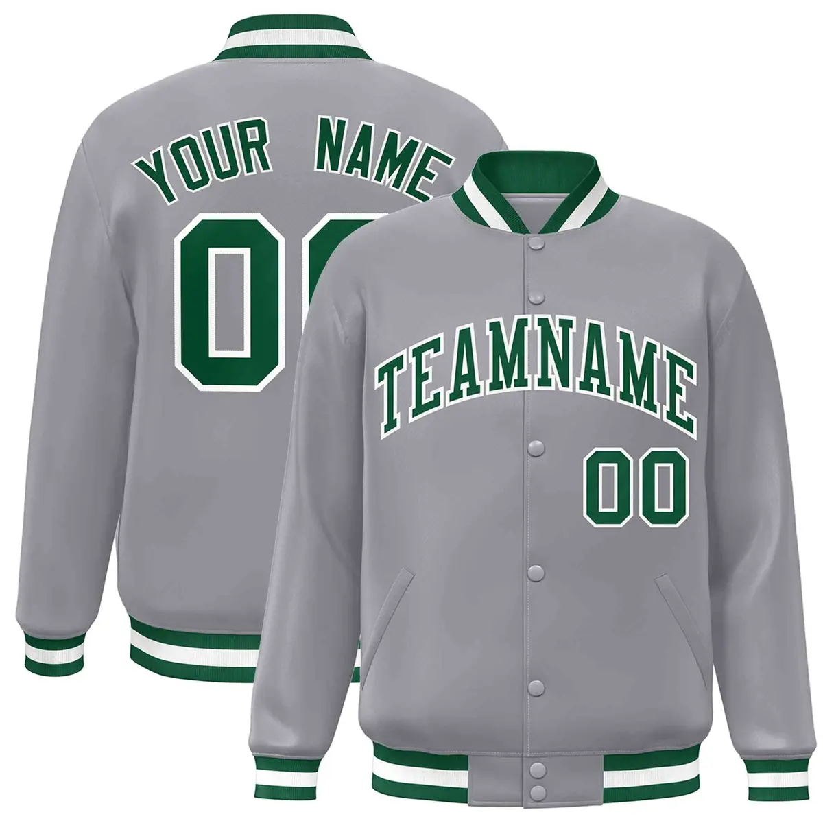 Gray Green-White Full-Snap Varsity Letterman Jacket