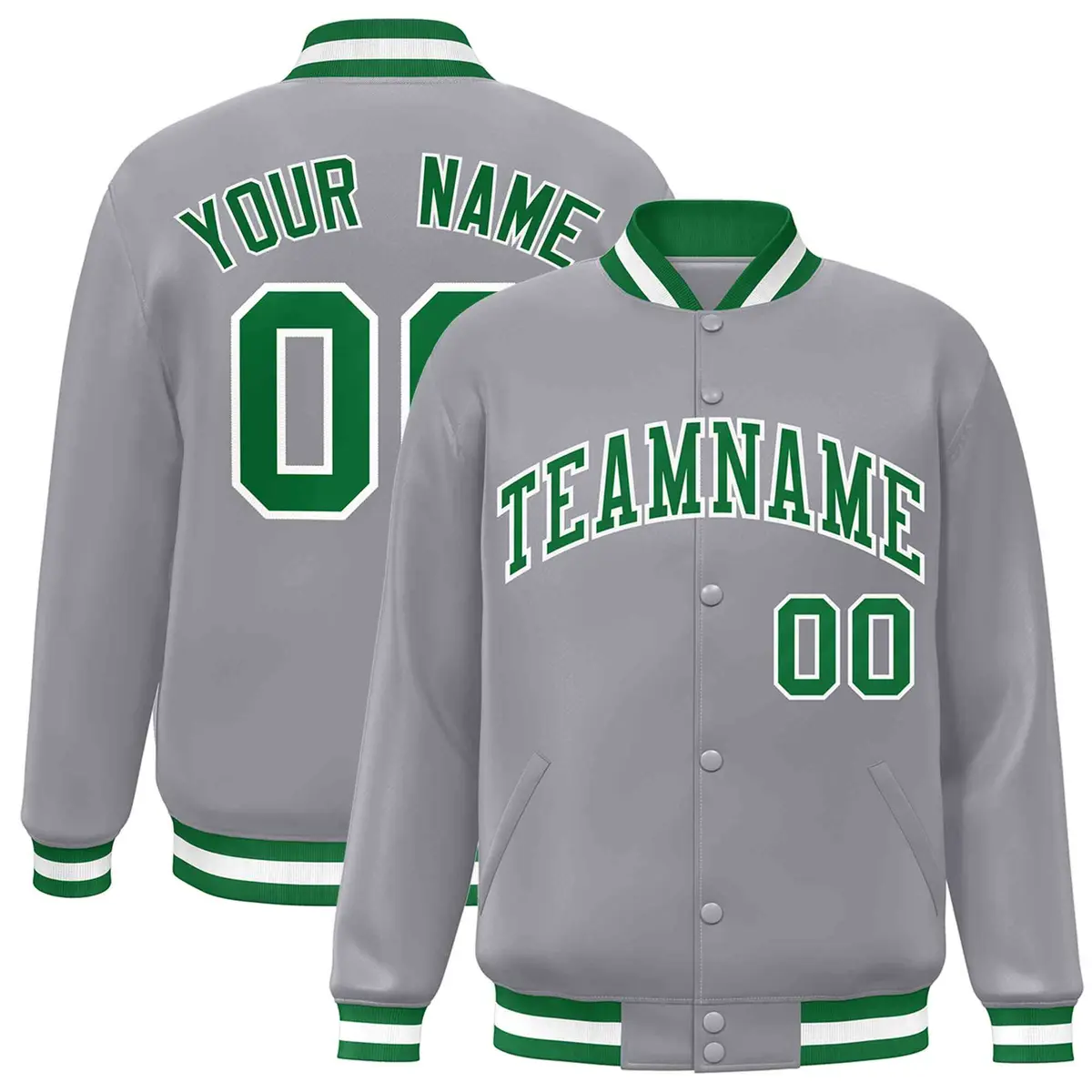 Gray Green-White Full-Snap Varsity Letterman Jacket
