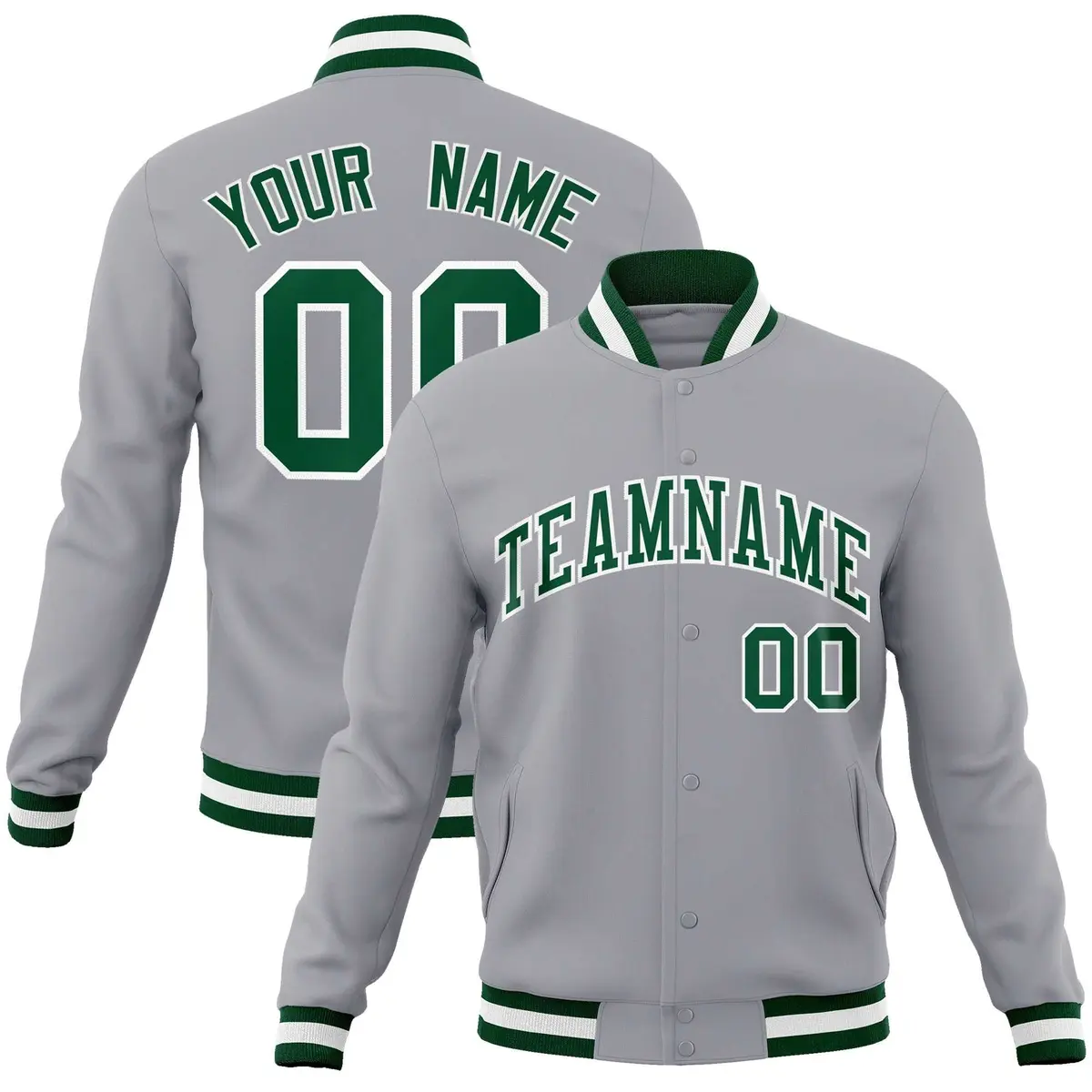 Gray Green-White Full-Snap Varsity Letterman Jacket