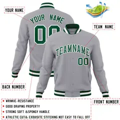 Gray Green-White Full-Snap Varsity Letterman Jacket 4