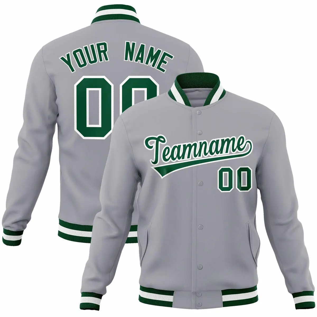 Gray Green-White Full-Snap Varsity Letterman Jacket