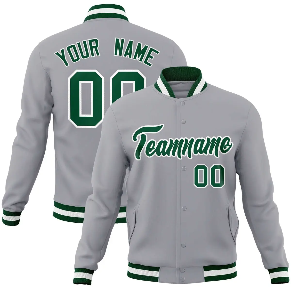 Gray Green-White Full-Snap Varsity Letterman Jacket