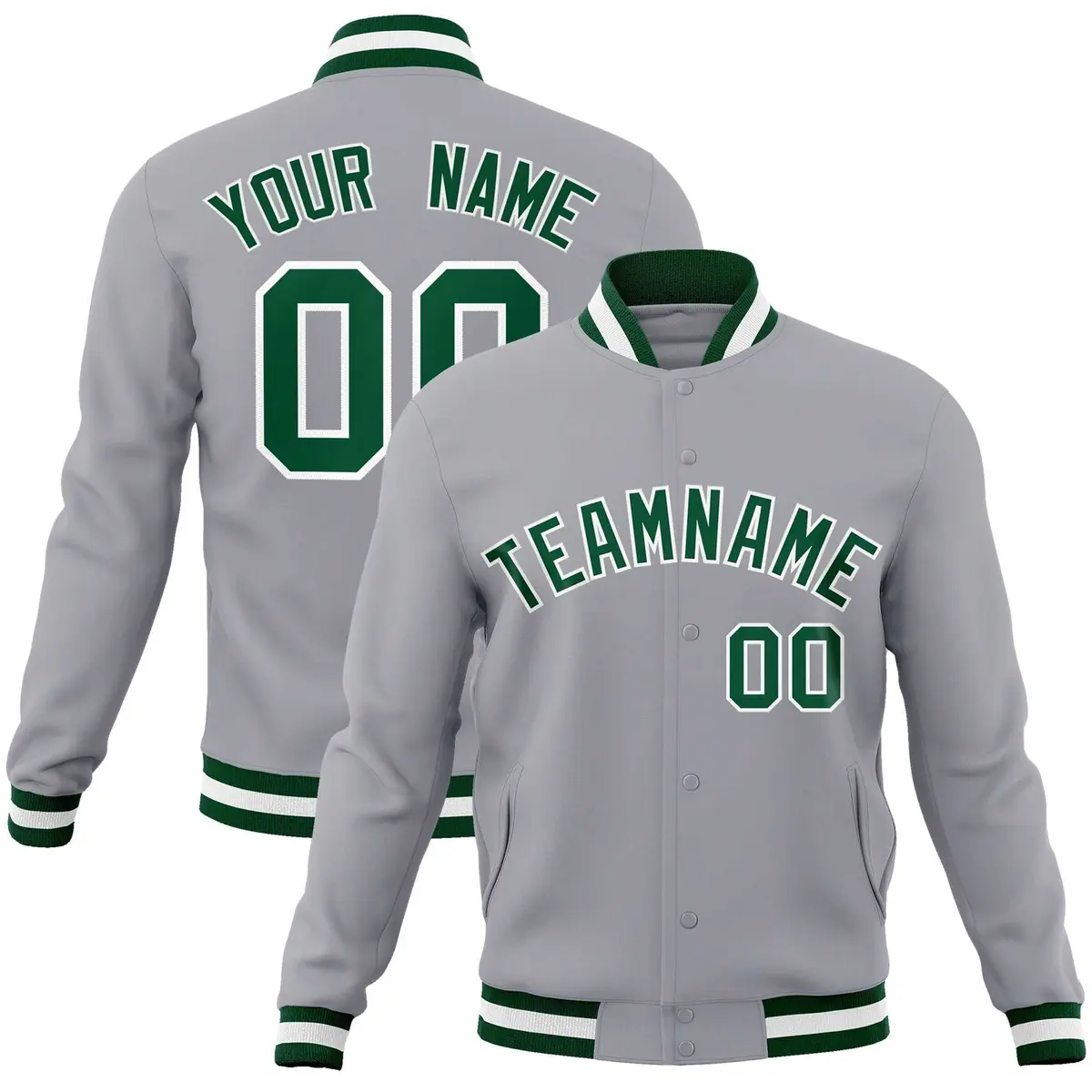 Gray Green-White Full-Snap Varsity Letterman Jacket