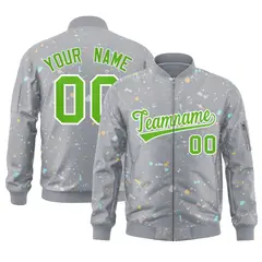 Gray Green White Full-Zip Graffiti Splash Varsity Letterman Jacket