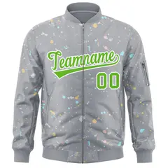 Gray Green White Full-Zip Graffiti Splash Varsity Letterman Jacket 3