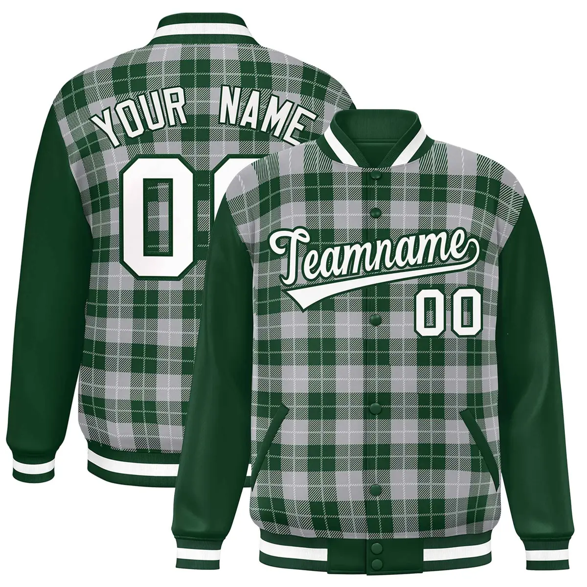 Gray Green-White Plaid Varsity Letterman Baseball Jacket