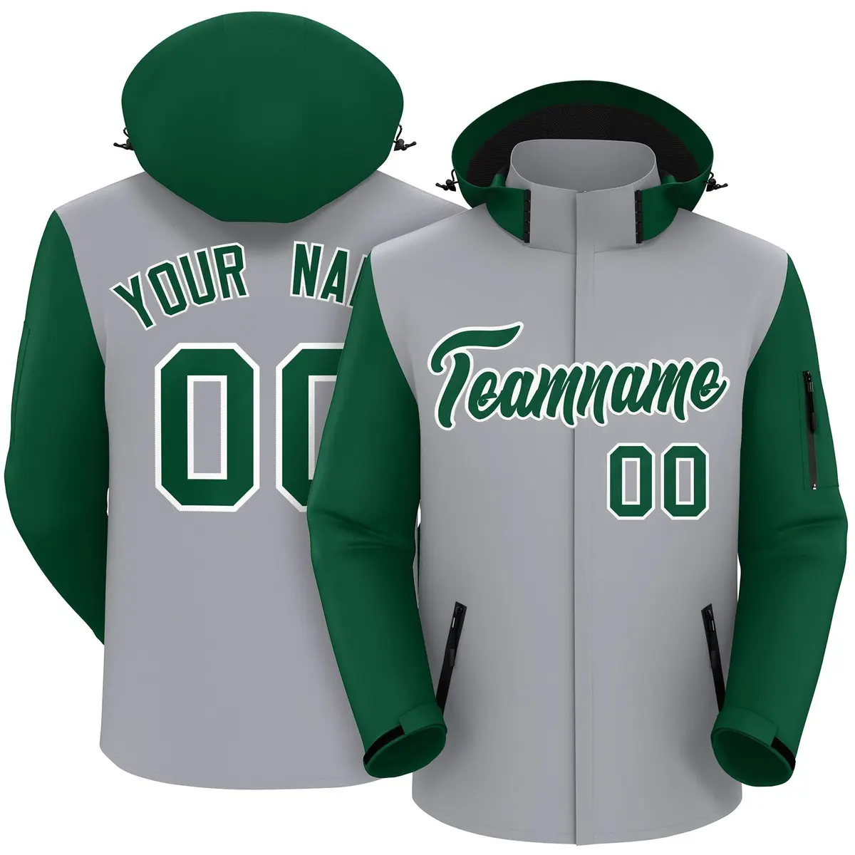 Gray Green-White Raglan Sleeves Waterproof Jacket