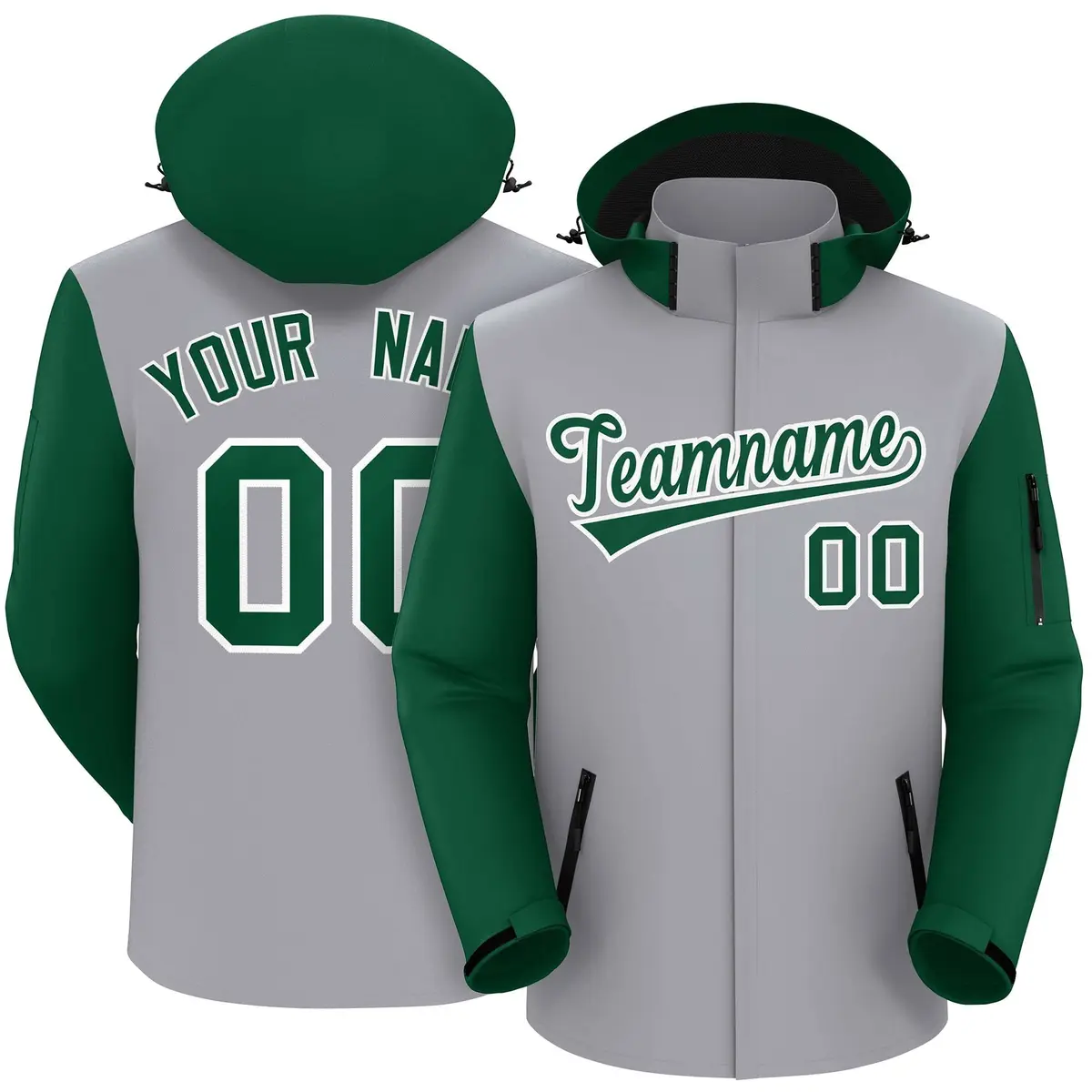 Gray Green-White Raglan Sleeves Waterproof Jacket