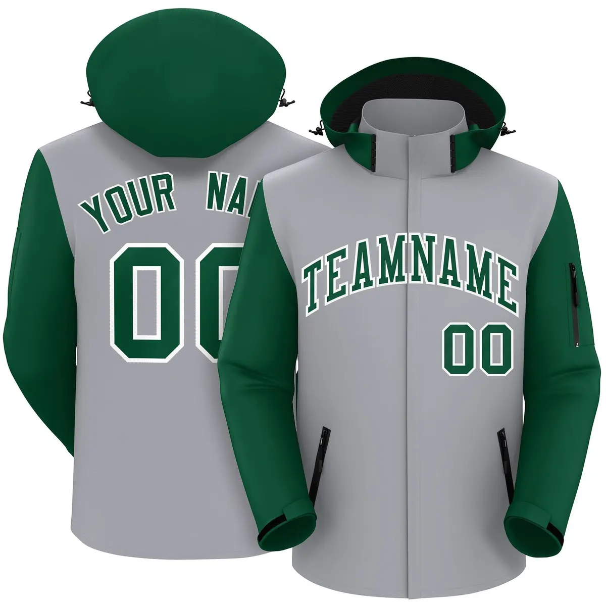 Gray Green-White Raglan Sleeves Waterproof Jacket