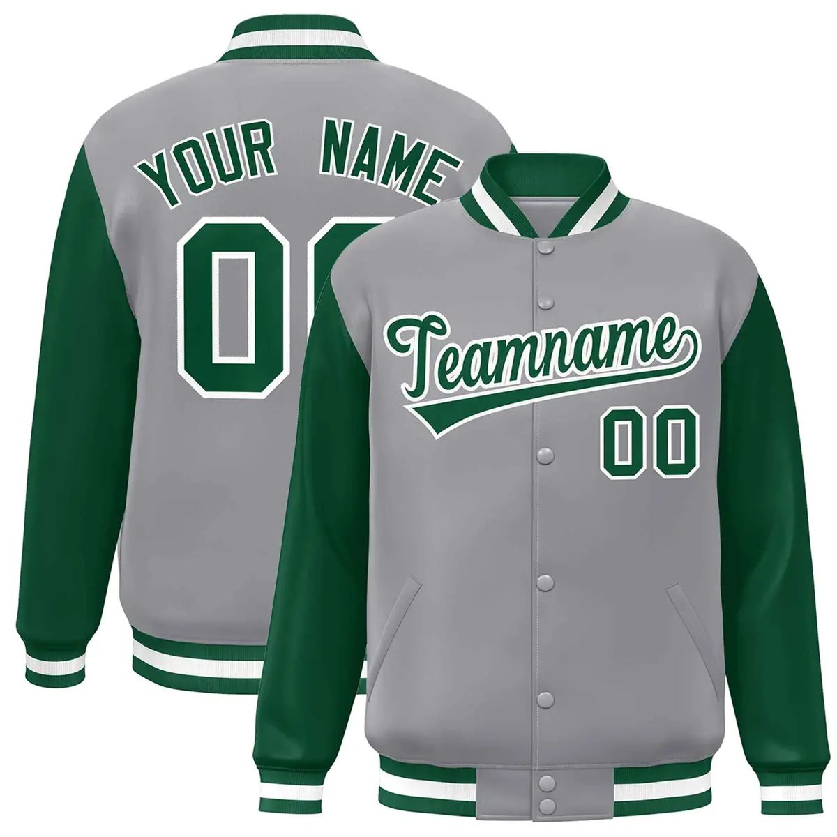 Gray Green White Raglan Varsity Full-Snap Letterman Jacket