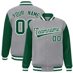 Gray Green White Raglan Varsity Full-Snap Letterman Jacket
