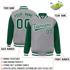 Gray Green White Raglan Varsity Full-Snap Letterman Jacket 2