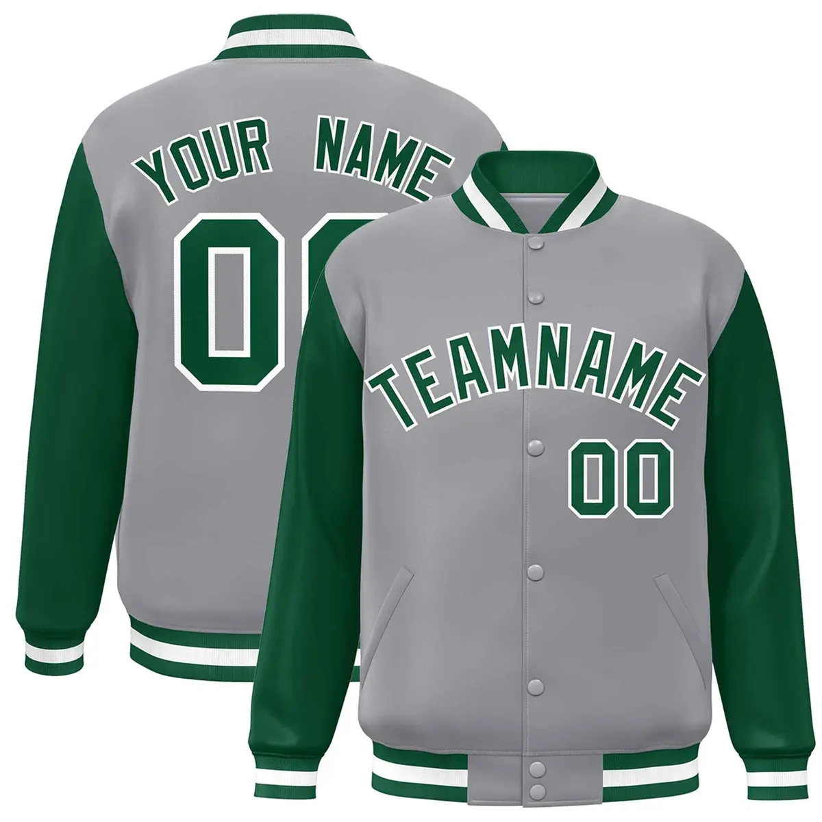 Gray Green White Raglan Varsity Full-Snap Letterman Jacket