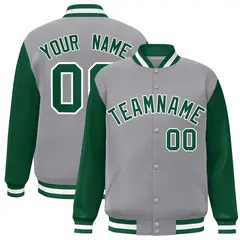 Gray Green White Raglan Varsity Full-Snap Letterman Jacket 1