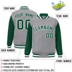 Gray Green White Raglan Varsity Full-Snap Letterman Jacket 2