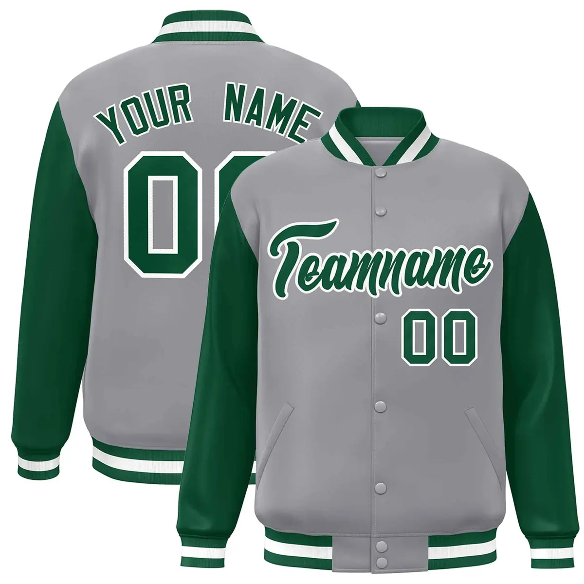 Gray Green White Raglan Varsity Full-Snap Letterman Jacket