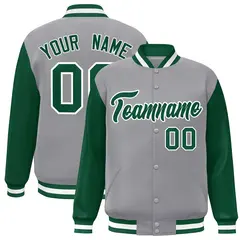 Gray Green White Raglan Varsity Full-Snap Letterman Jacket