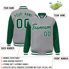 Gray Green White Raglan Varsity Full-Snap Letterman Jacket 2