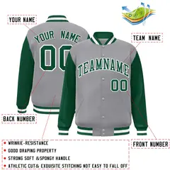 Gray Green White Raglan Varsity Full-Snap Letterman Jacket 2