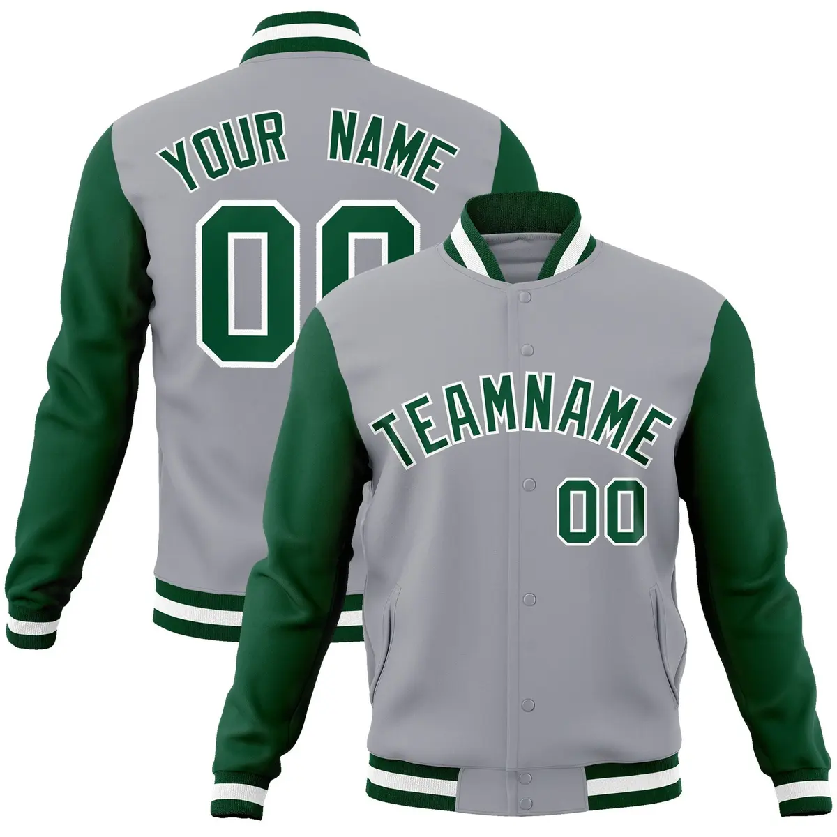 Gray Green White Raglan Varsity Full-Snap Letterman Jacket