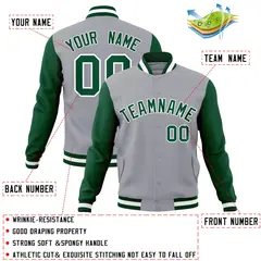 Gray Green White Raglan Varsity Full-Snap Letterman Jacket 4
