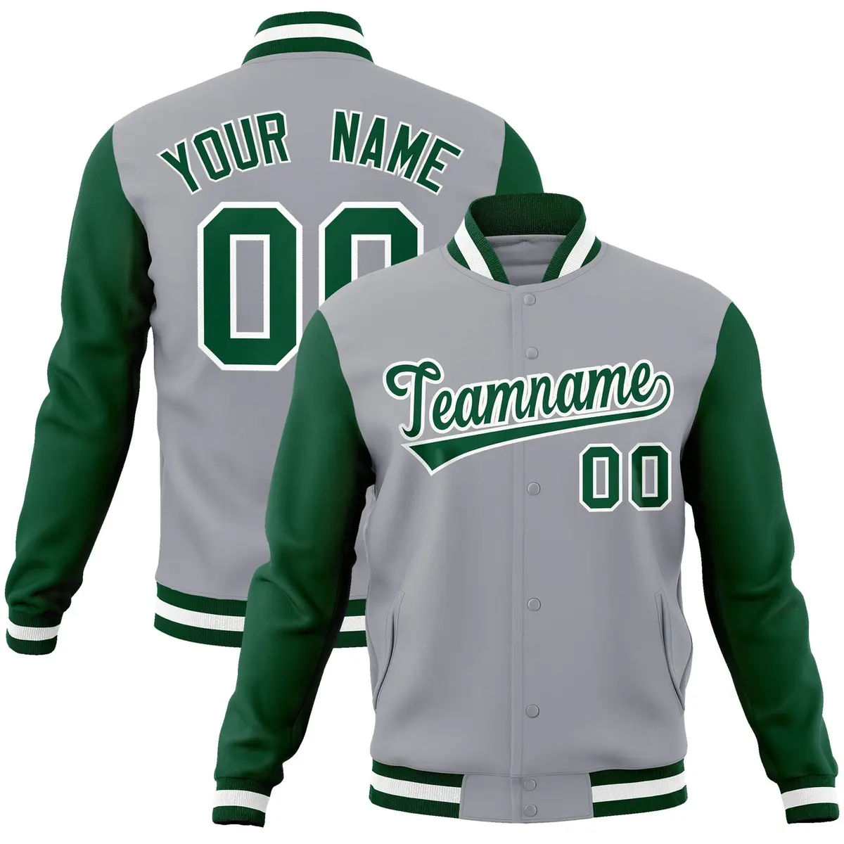 Gray Green White Raglan Varsity Full-Snap Letterman Jacket