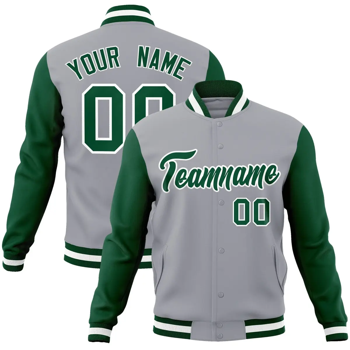 Gray Green White Raglan Varsity Full-Snap Letterman Jacket
